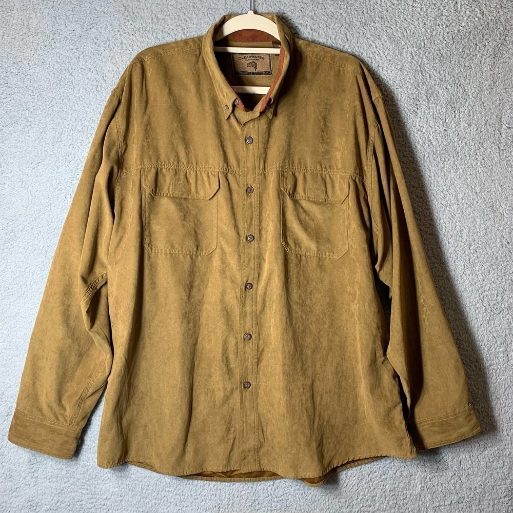 Clearwater Shirt Mens XL Brown Camel Button Down Collared Western Faux Suede
